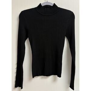 The Workshop Black Ribbed Mock Neck Sweater Top Pearl Button Sleeve Women’s M